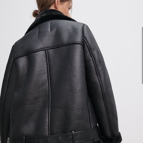 Zara Faux Leather Shearling Buckle Biker Moto Jacket Black Sherpa - Picture 4 of 8